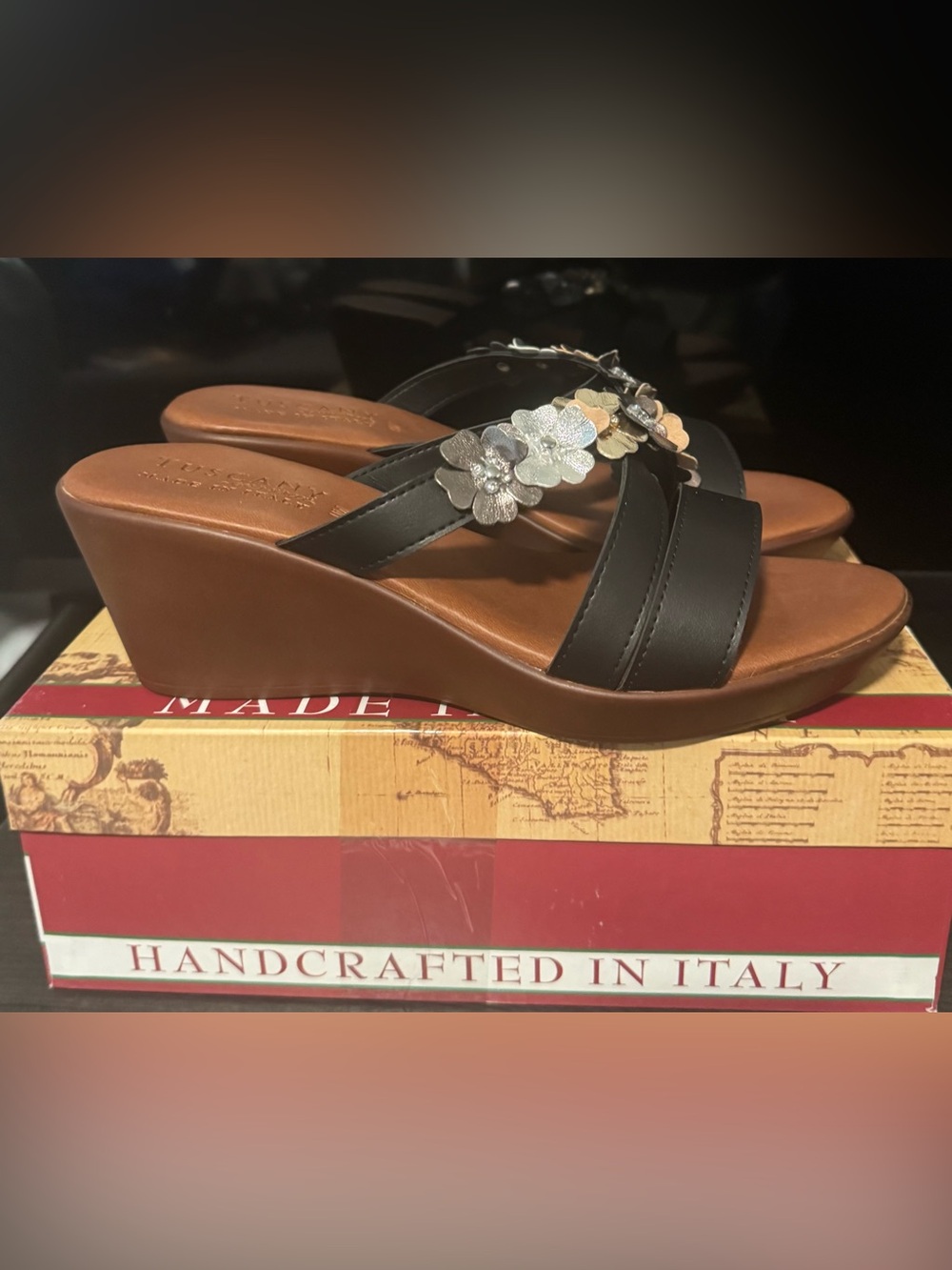 Tuscany by Easy Street Handcrafted Black Wedge Sandals with Floral Accent